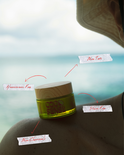 Coco Sense organic deodorant cream infographic with benefits