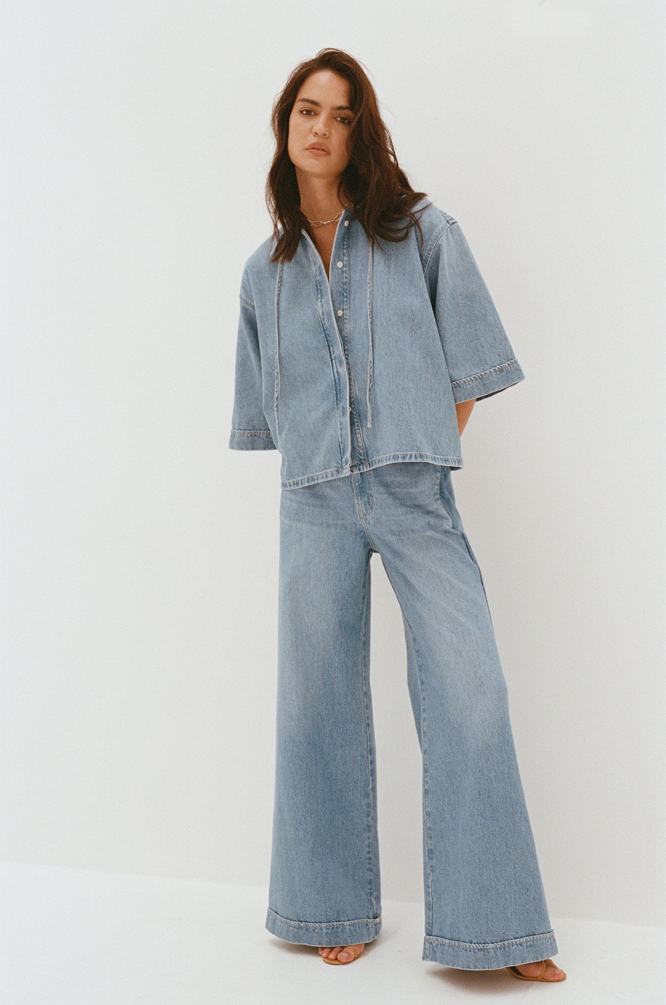 Outland Denim Lotus Pants in bluejay campaign shot in film 1