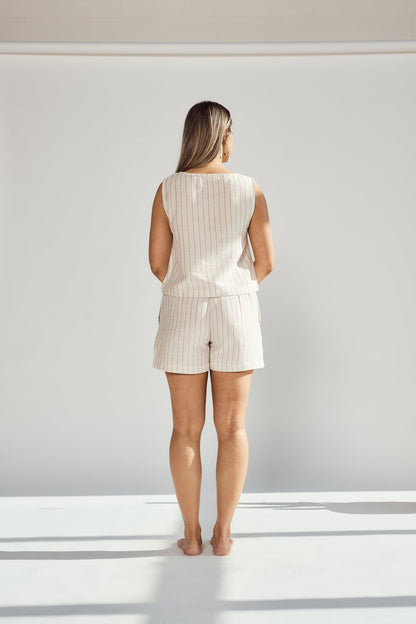 Patara Life linen set – burgundy stripe back shot