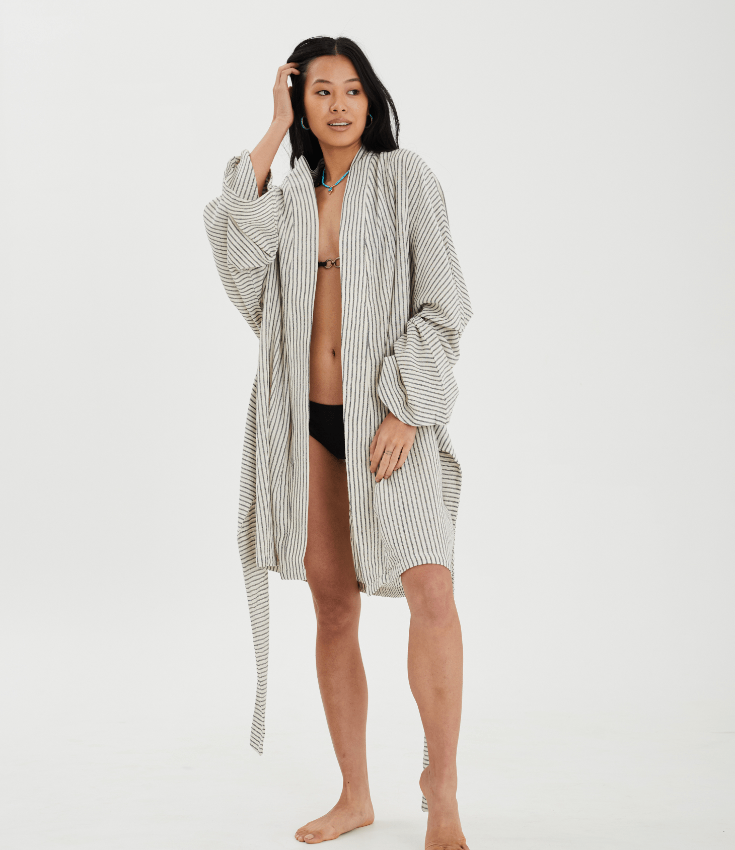 Patara Life Aster Kimono in black stripe open with bikini 