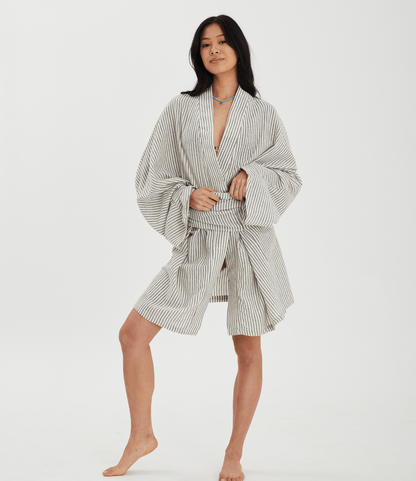Patara Life Aster Kimono in black strupe tied 