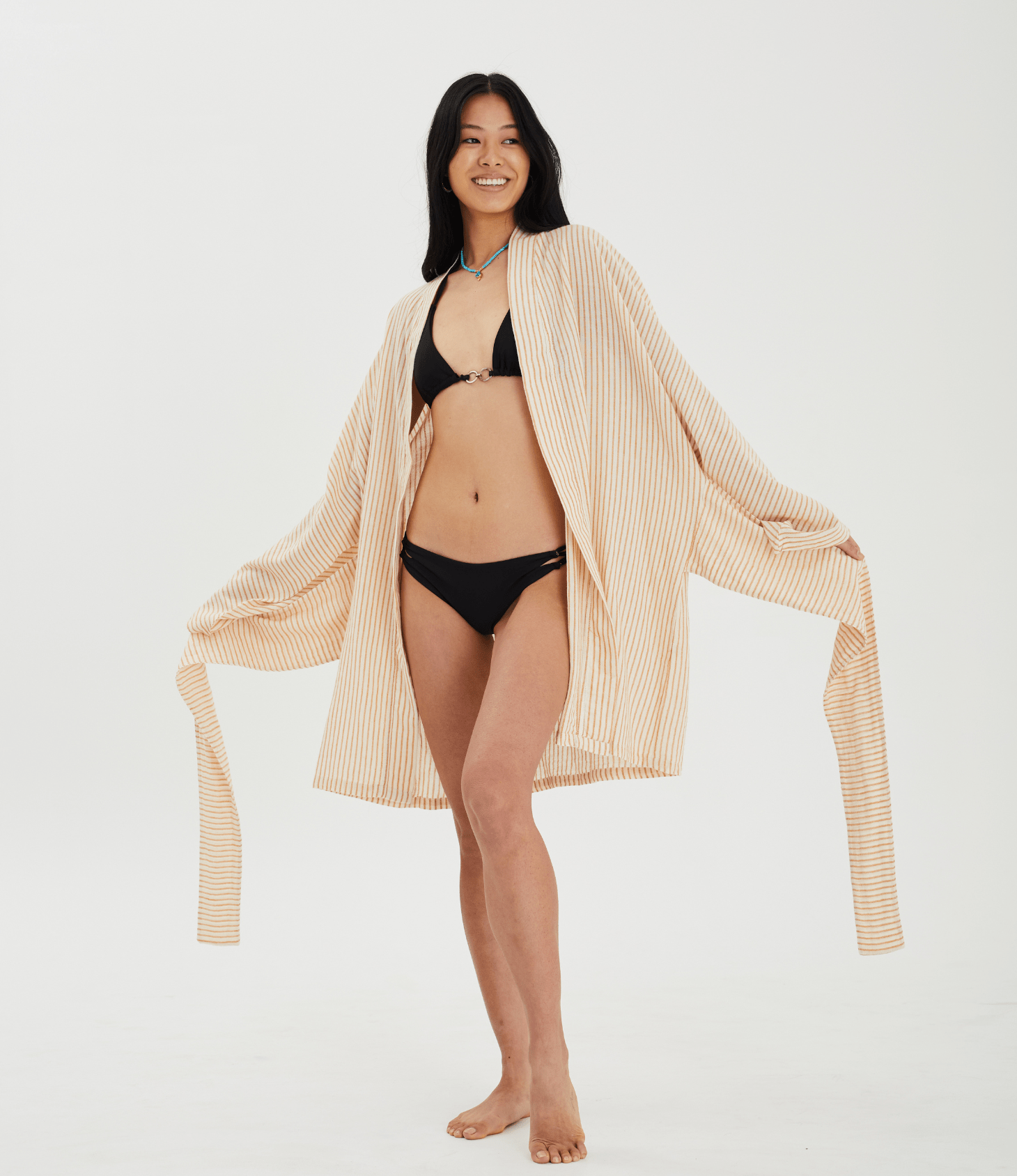Patara Life Aster Kimono in mustard stripe – pen with bikini 