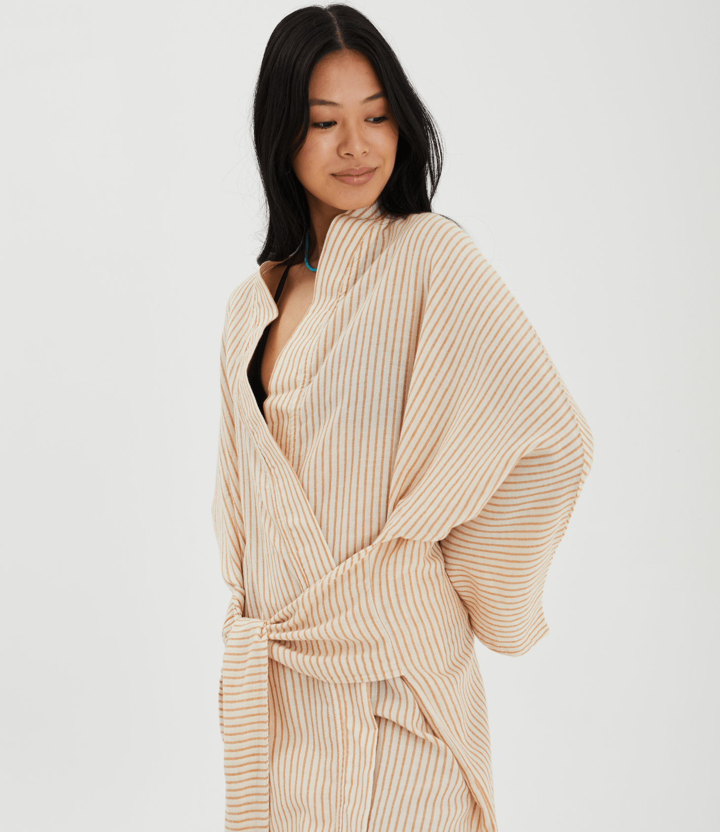 Patara Life Aster Kimono in mustard stripe tied at front 