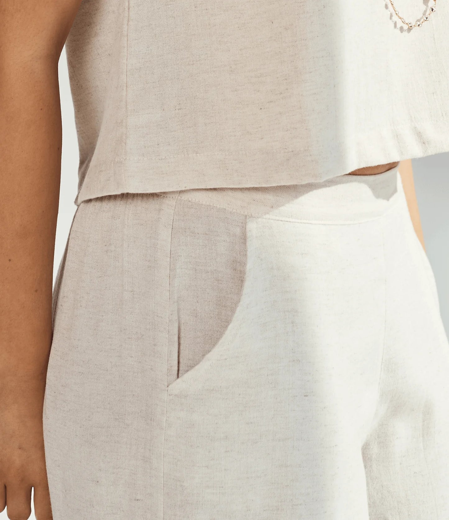 Patara Life wide-leg linen pants in stone close up of waist 