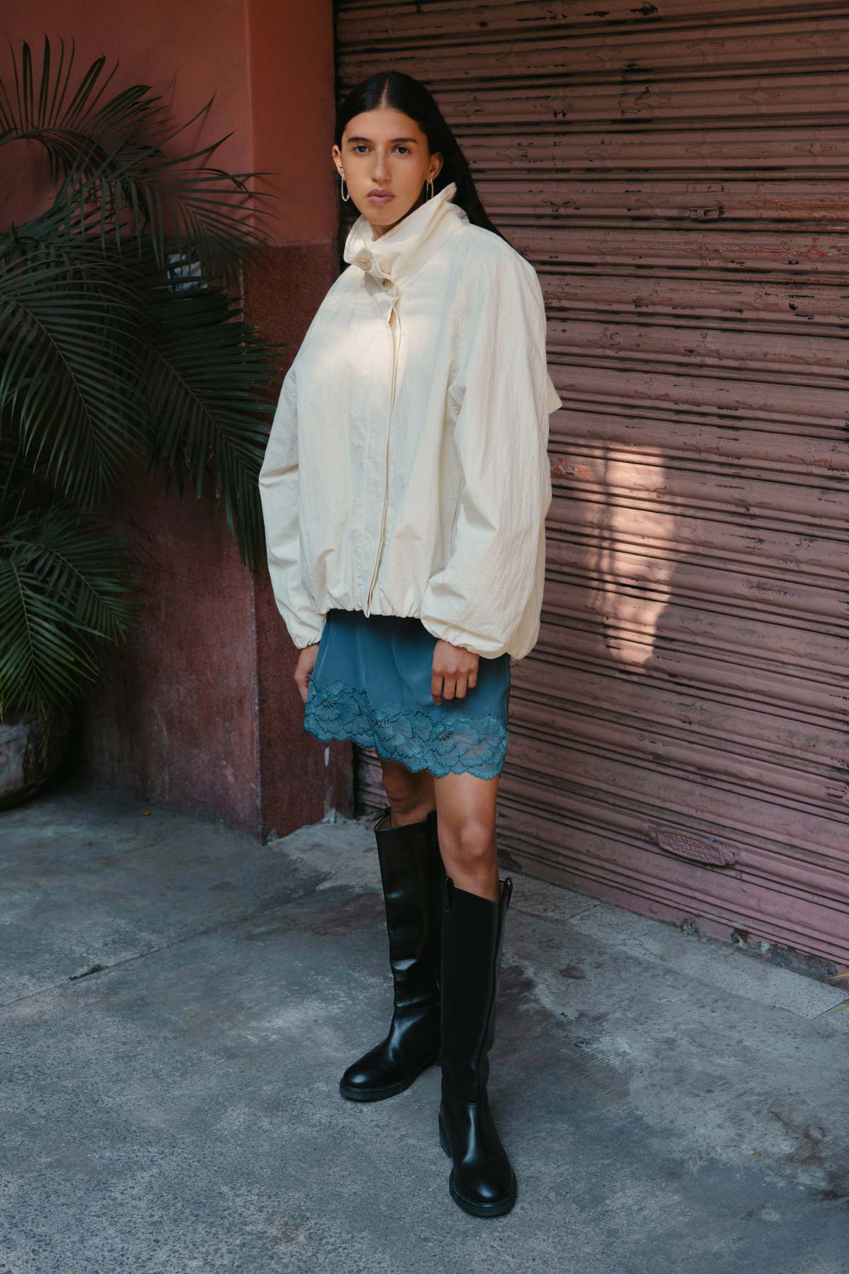 Rowie Soren funnel neck bomber jacket campaign shot 1