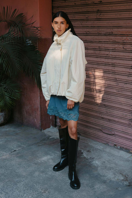 Rowie Soren funnel neck bomber jacket campaign shot 1