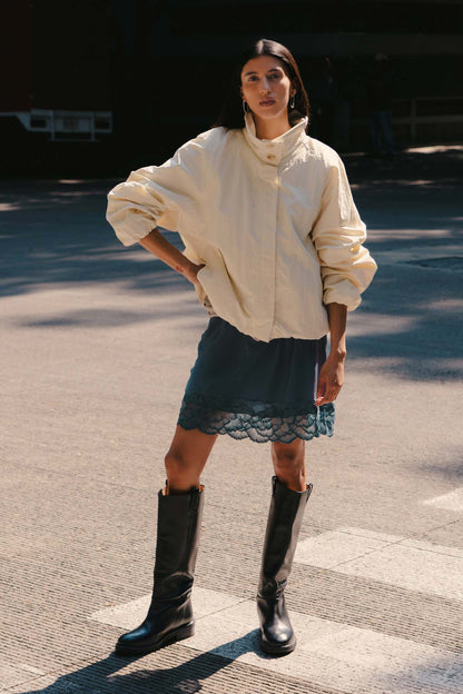 Rowie Soren funnel neck bomber jacket campaign shot 2