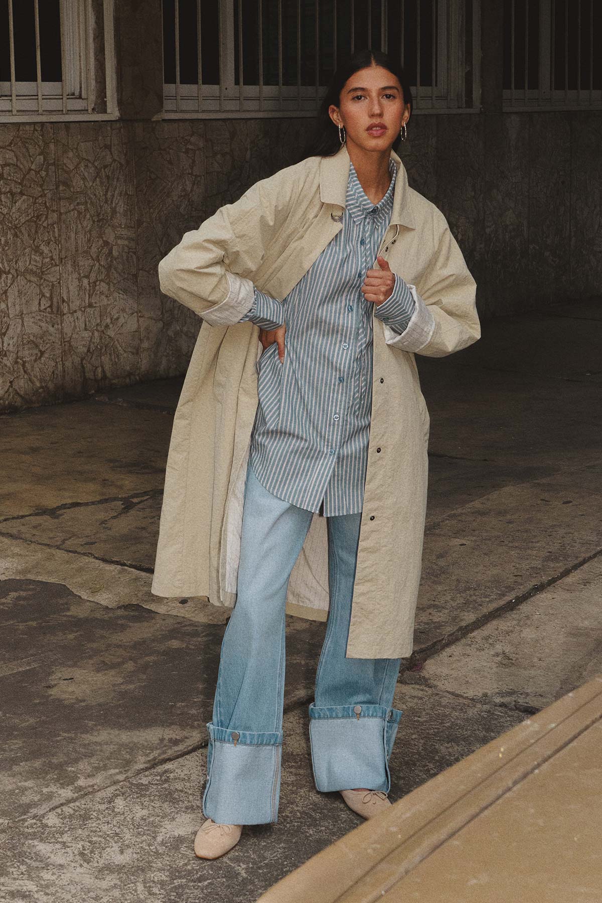 Rowie Marlow classic trench in stone campaign shot 1