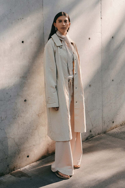 Rowie Marlow classic trench in stone campaign shot 2