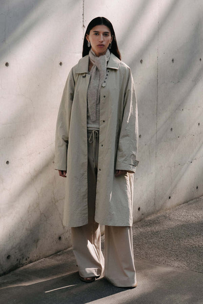 Rowie Marlow classic trench in stone campaign shot 3