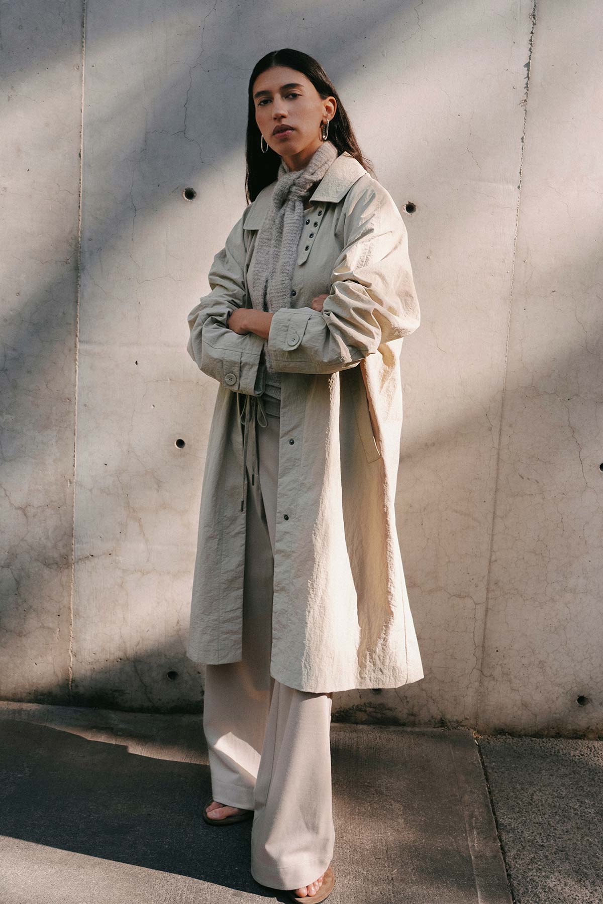 Rowie Marlow classic trench in stone campaign shot 4