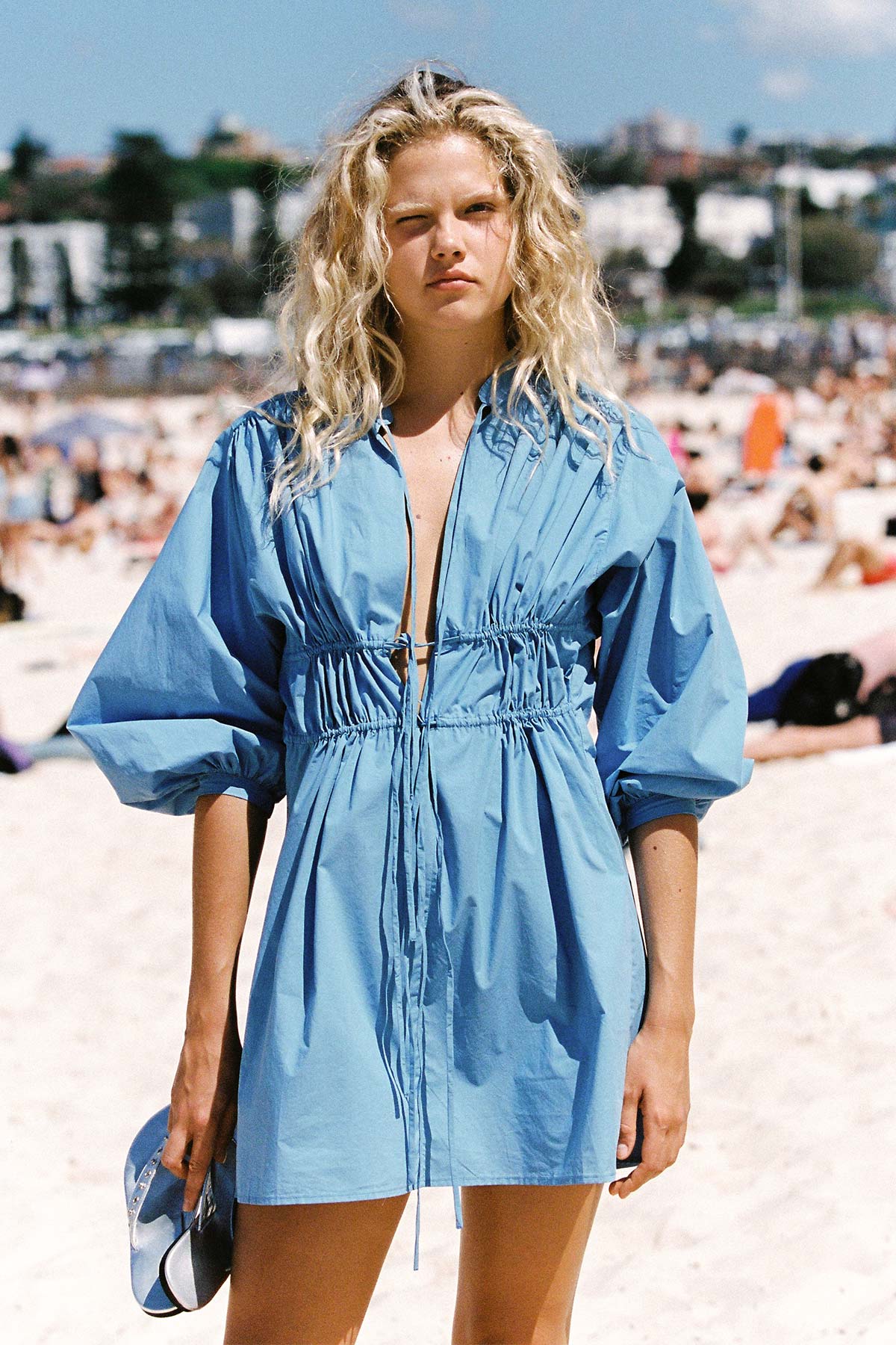 Rowie the label Piper mini dress in cerulean blue campaign shot 2