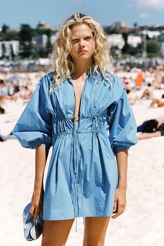 Rowie the label Piper mini dress in cerulean blue campaign shot 2