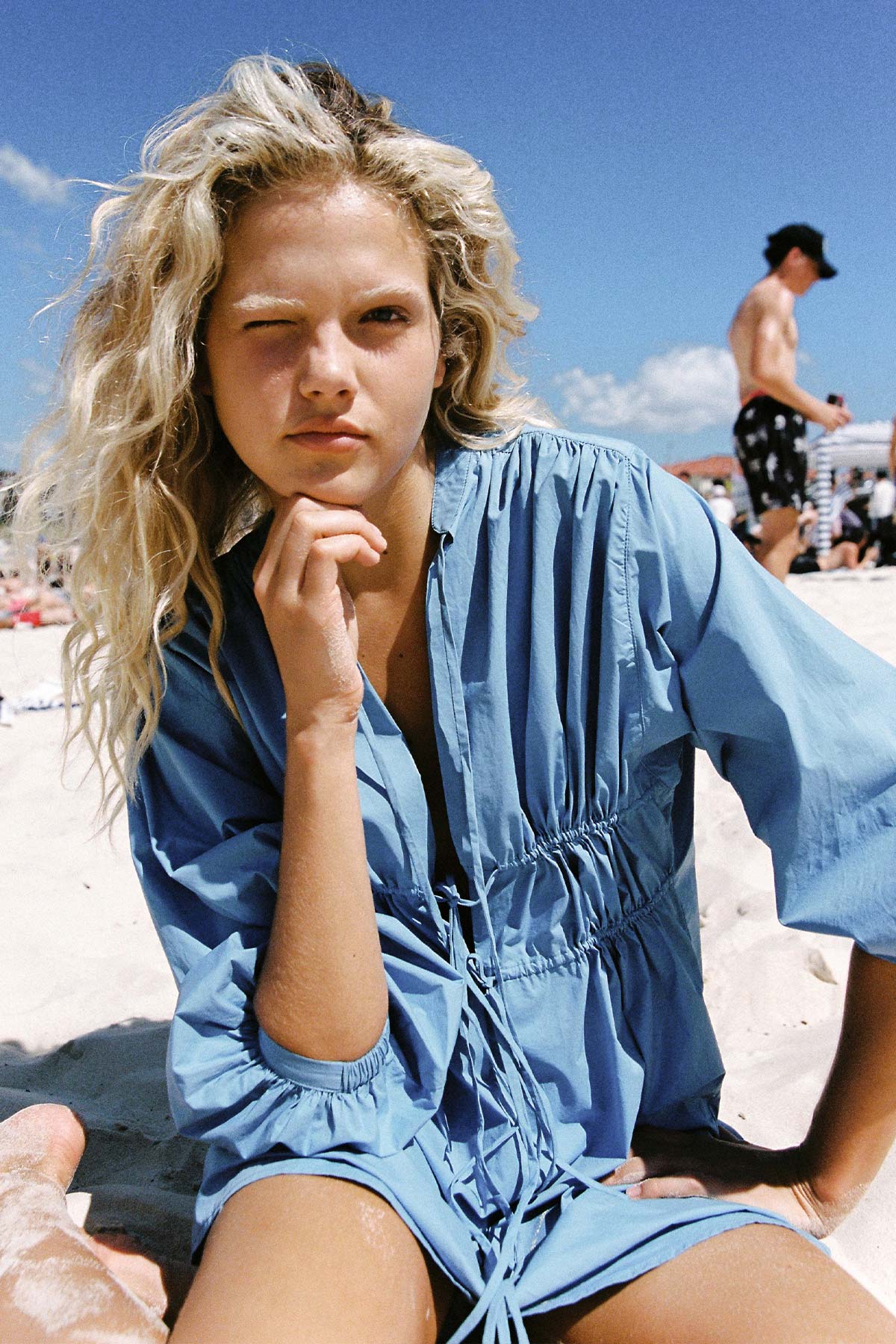 Rowie the label Piper mini dress in cerulean blue campaign shot 4