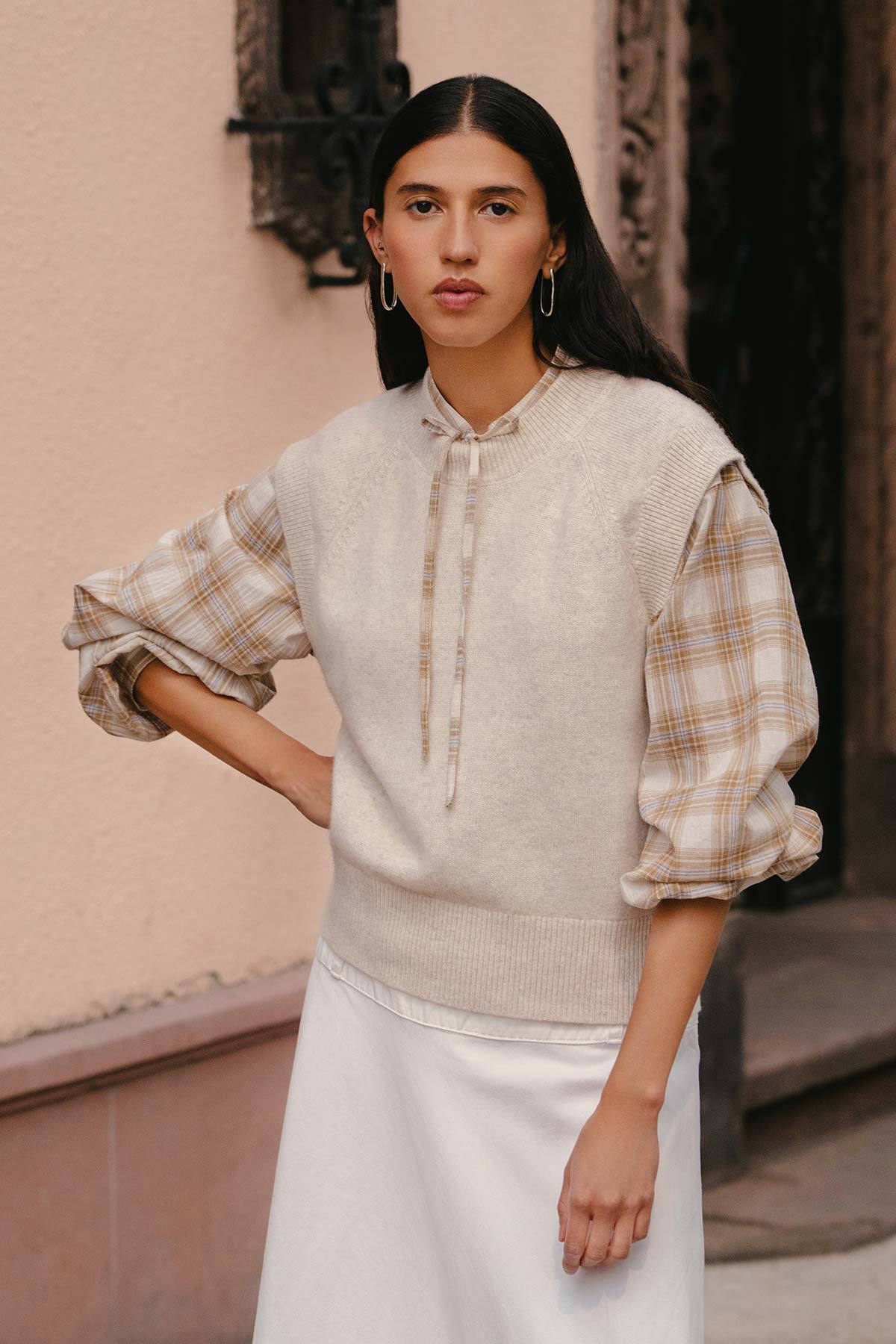 Rowie quinn merino knit vest in oat marle campaign shot 2