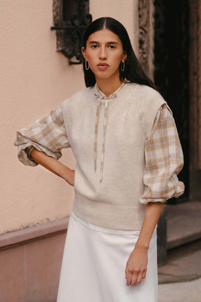 Rowie quinn merino knit vest in oat marle campaign shot 2