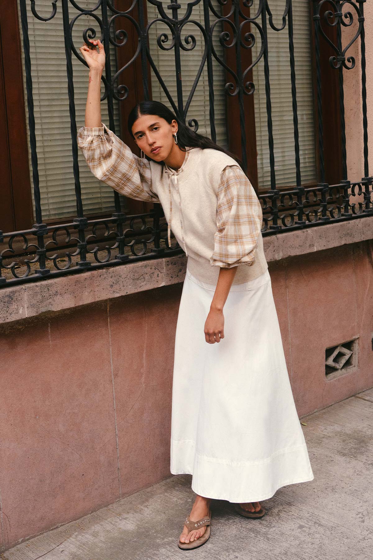 Rowie quinn merino knit vest in oat marle campaign shot