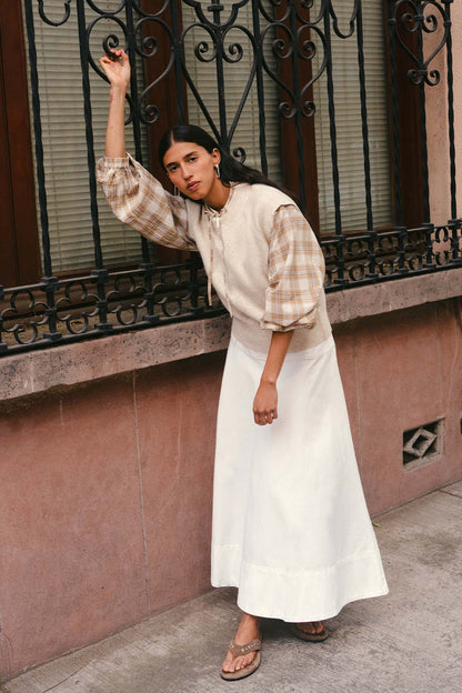 Rowie quinn merino knit vest in oat marle campaign shot
