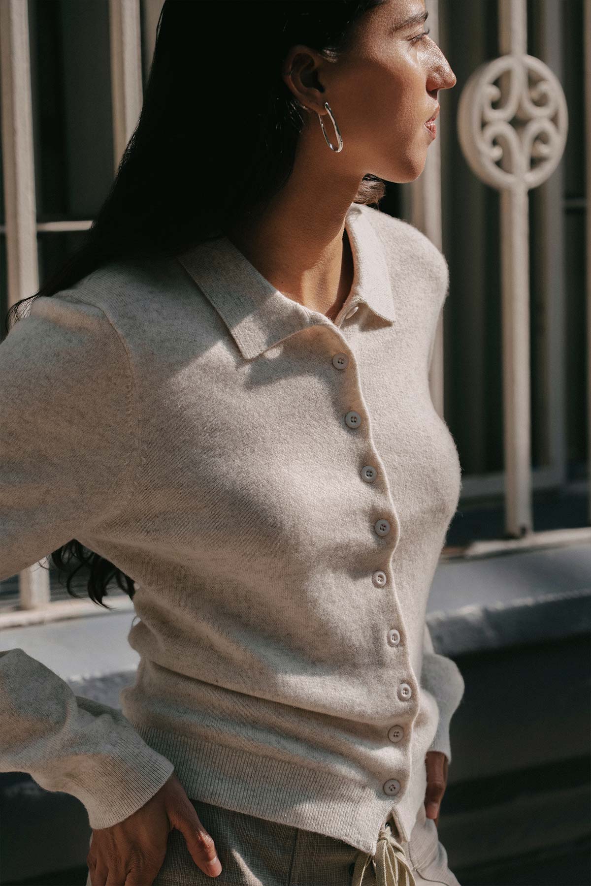 Rowie celia merino knit cardi in oat marle campaign shot
