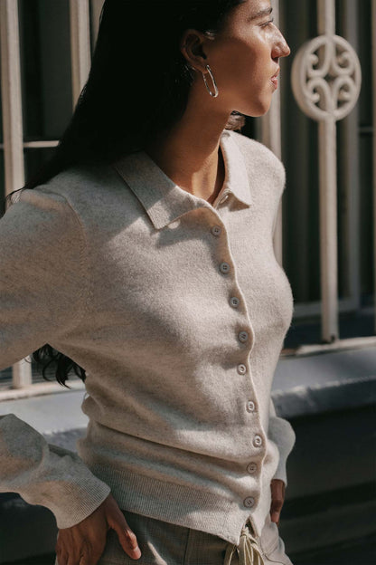 Rowie celia merino knit cardi in oat marle campaign shot