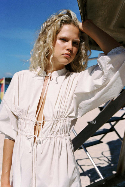 Rowie the label piper organic mini dress in creme campaign shot 2