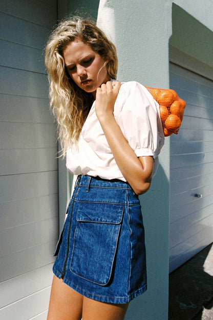 Rowie the label Alfred zip mini skirt campaign shot 2