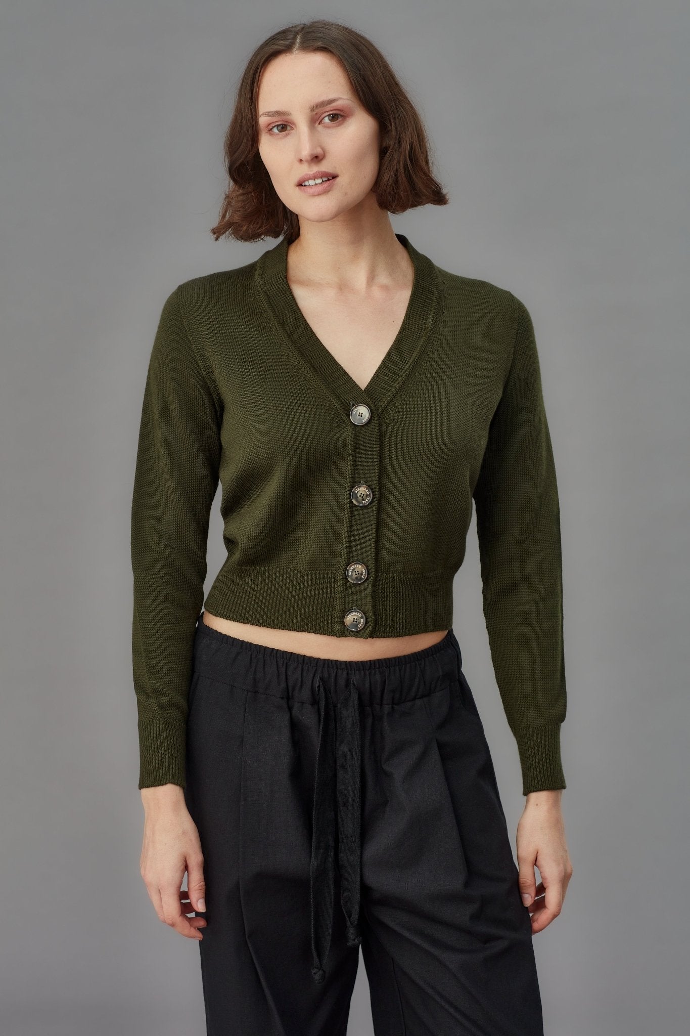 Standard Issue Merino V neck cardigan in smudge