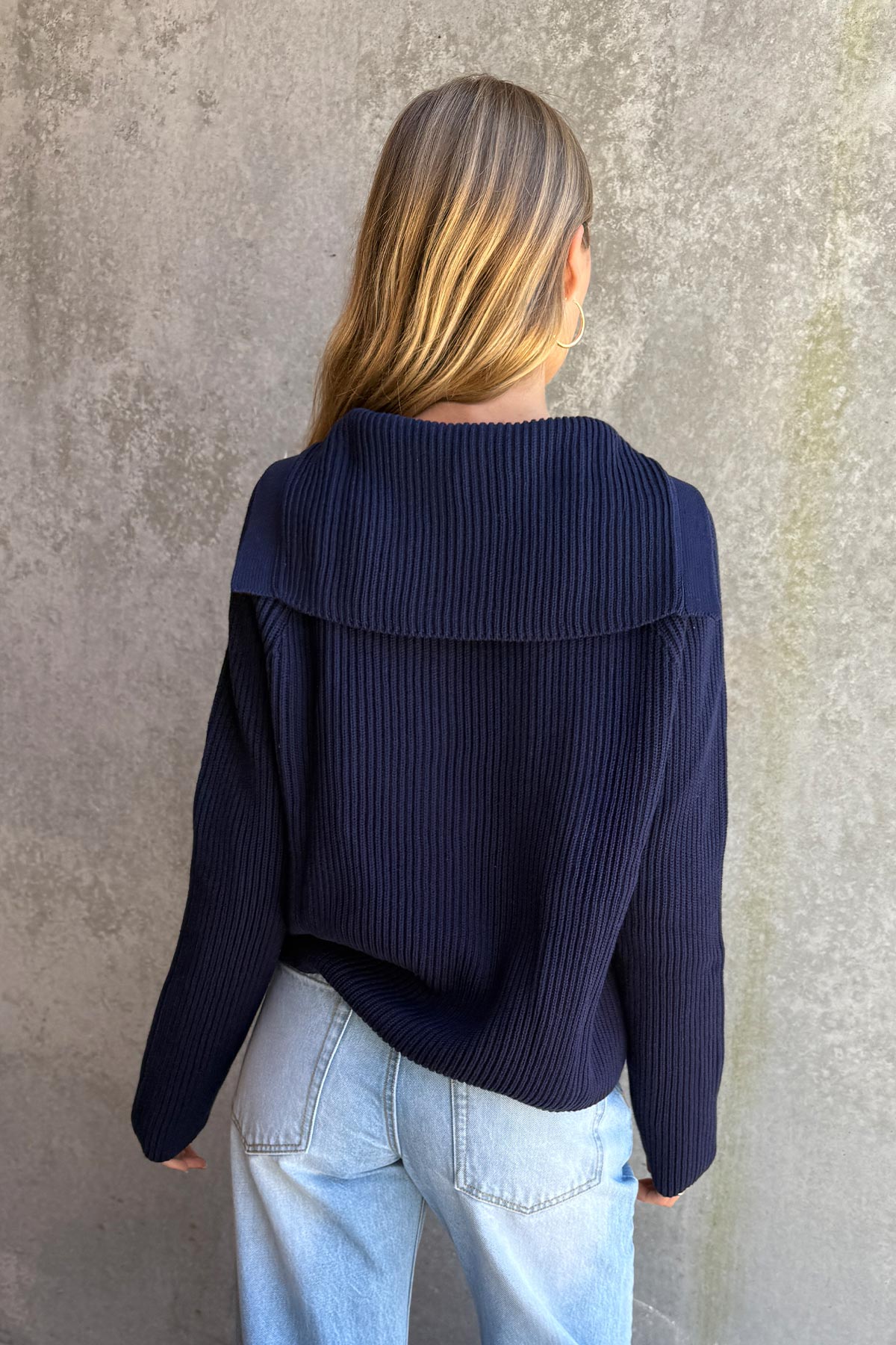 Rowie Saylor knit cardigan in anchor blue back shot