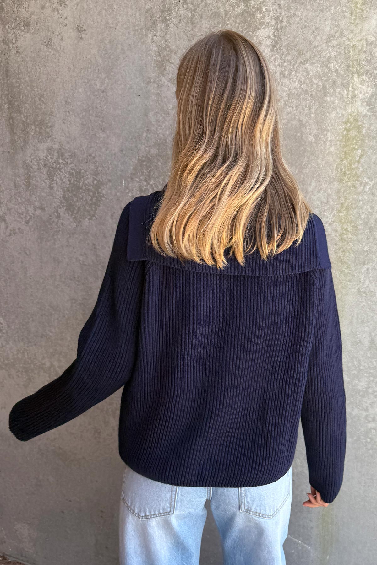 Rowie Saylor knit cardigan in anchor blue back shot 2