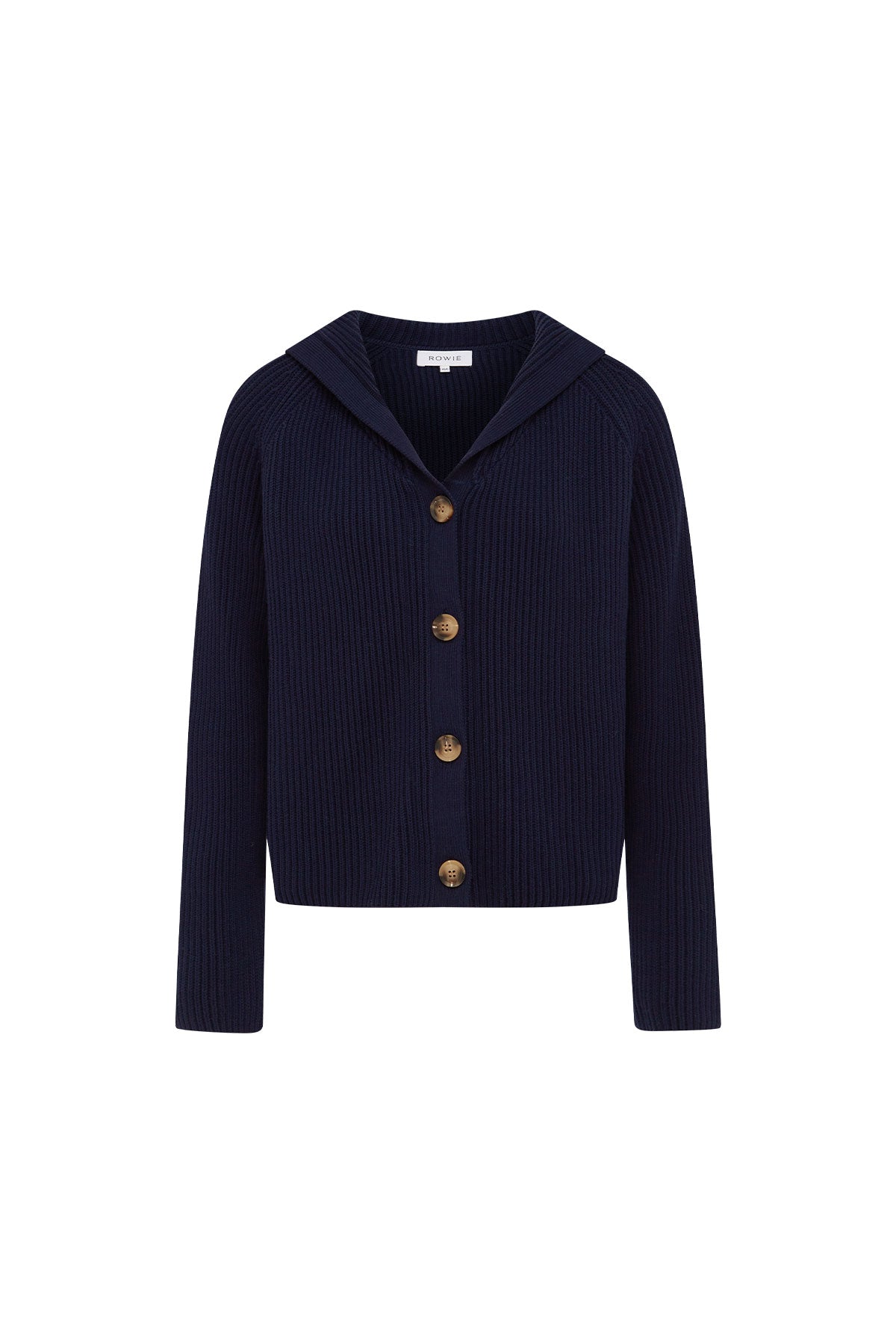 Rowie Saylor knit cardigan in anchor blue flat lay