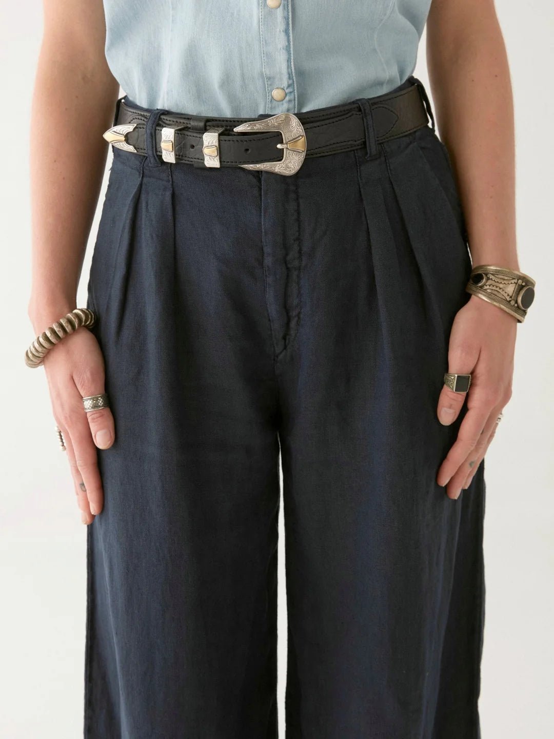 Maison Hotel Honky Tonk Belt in black with navy pants