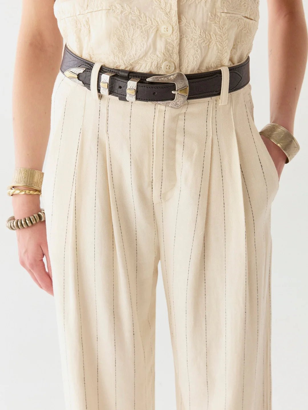 Maison Hotel Honky Tonk Belt in black with cream pants