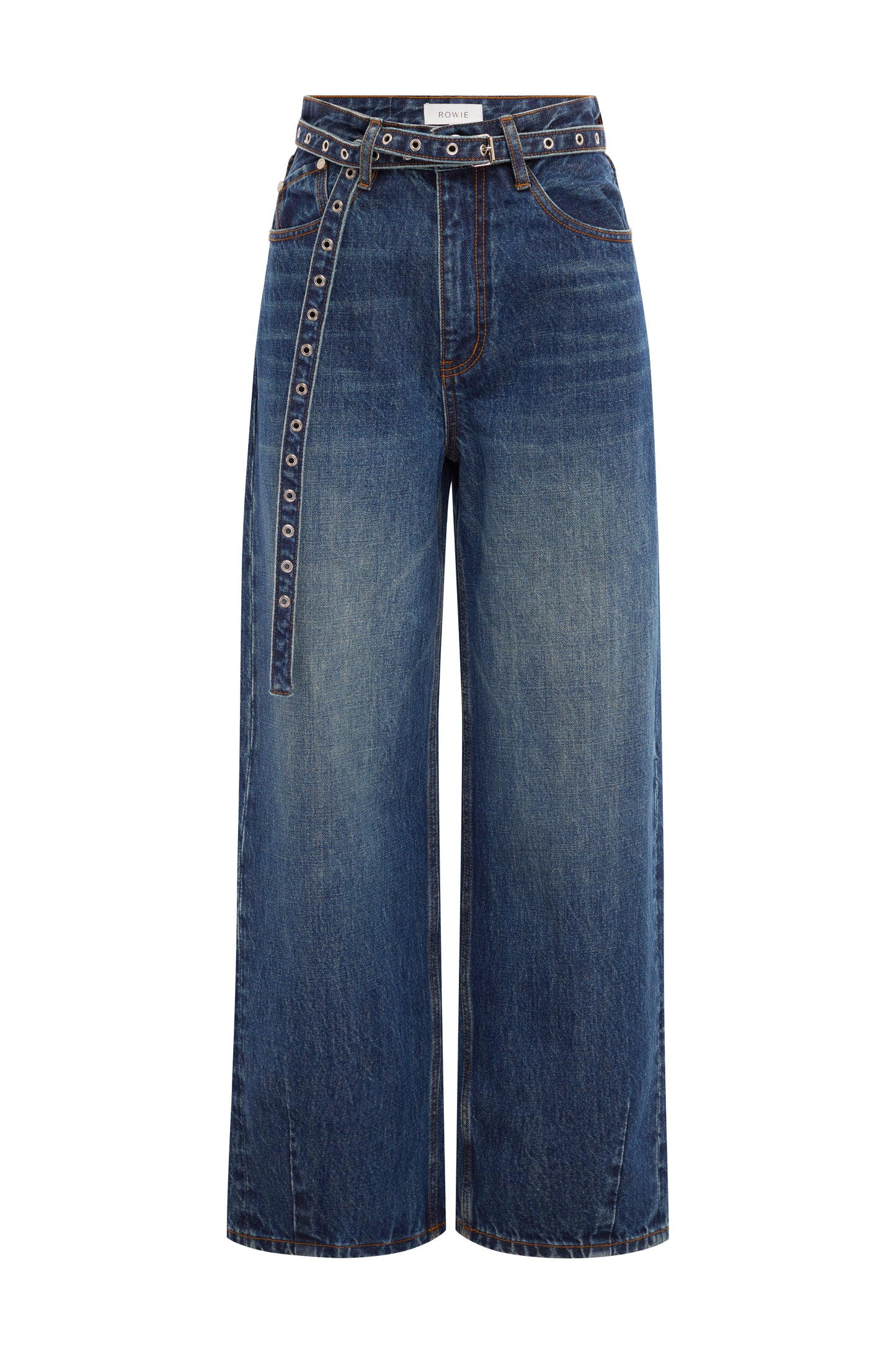 Rowie heritage barrel leg jeans in classic indigo flat lay product shot