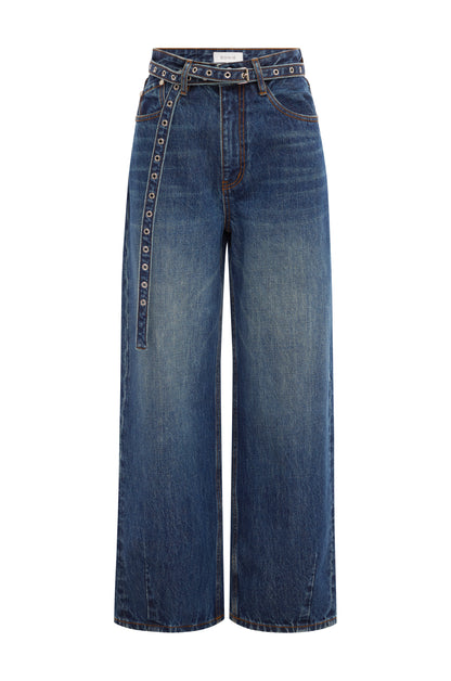 Rowie heritage barrel leg jeans in classic indigo flat lay product shot