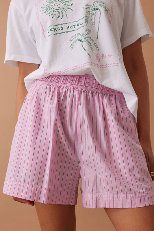 Ceres Life Mila Short in Hibiscus Pink Triple Stripe on model close up 