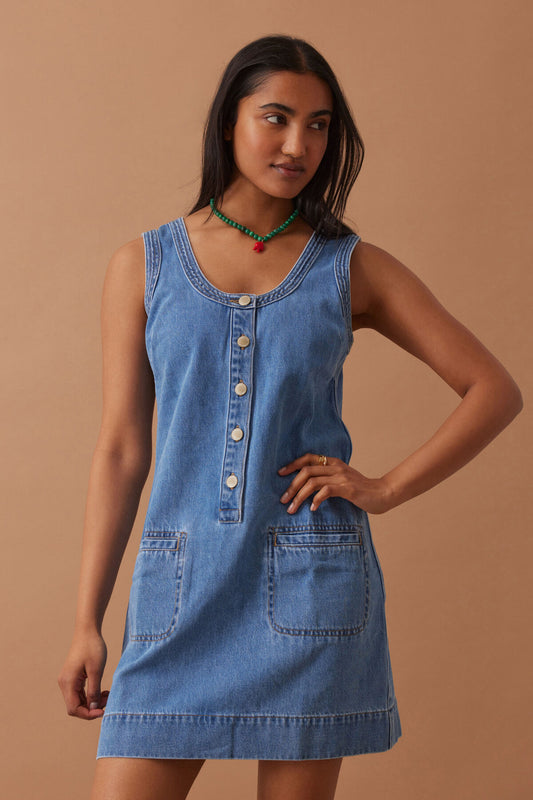 Ceres Life Sunny Denim Tank Dress – Vintage Blue on model
