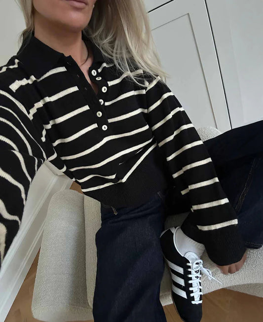 Malva MD Stripe Polo – Black & Sand Stripe