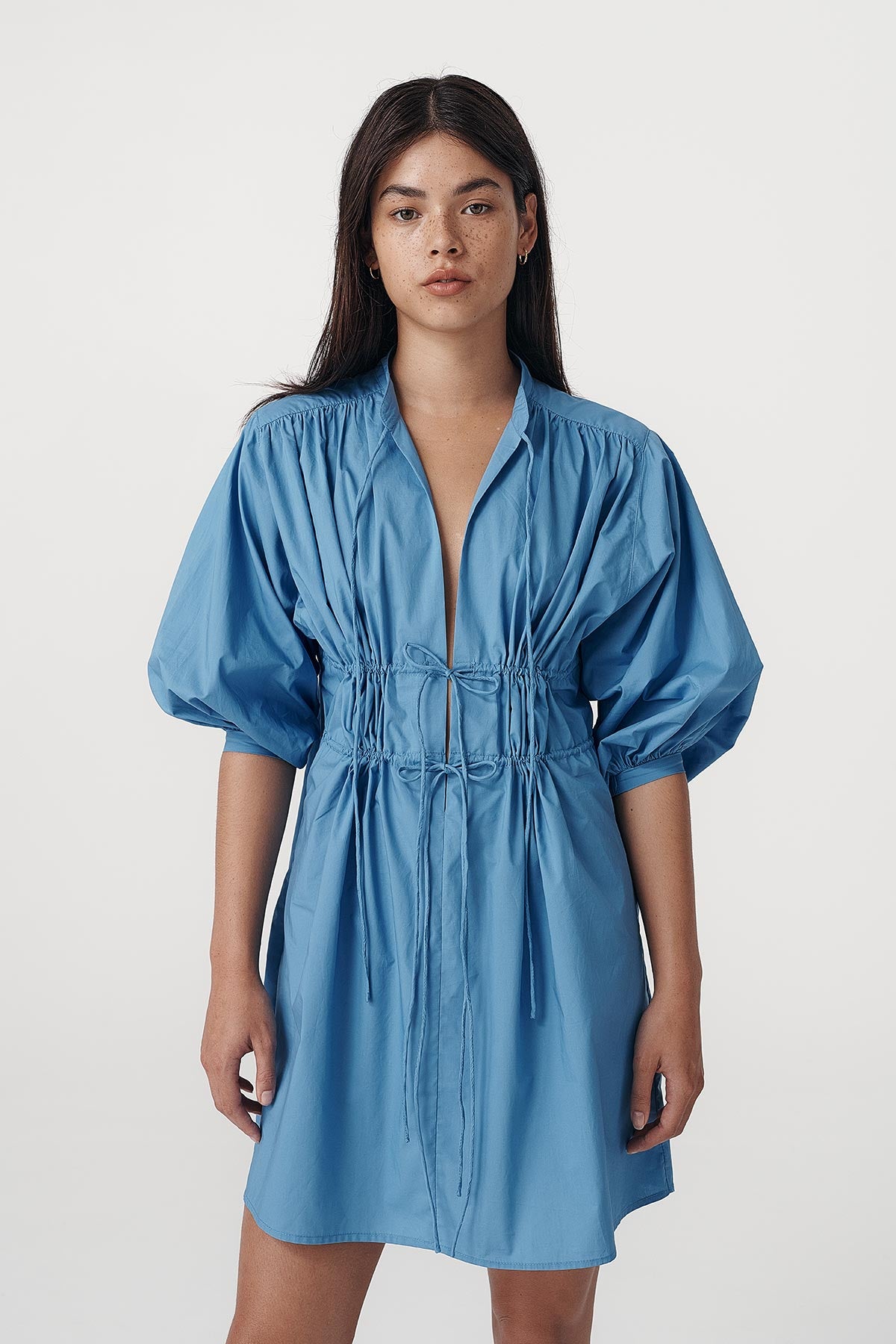 Rowie the label Piper mini dress in cerulean blue studio shot cinched