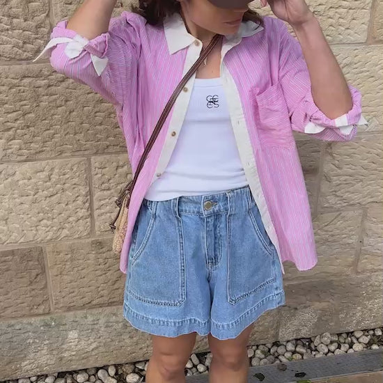 Ceres Life Peta Oversized Shirt in Hibiscus Pink Triple Stripe video