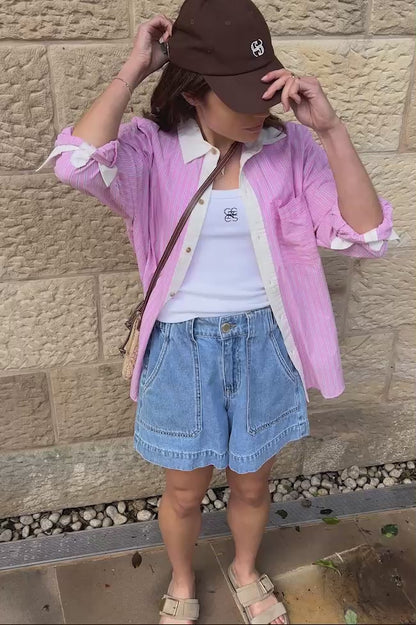 Ceres Life Peta Oversized Shirt in Hibiscus Pink Triple Stripe video
