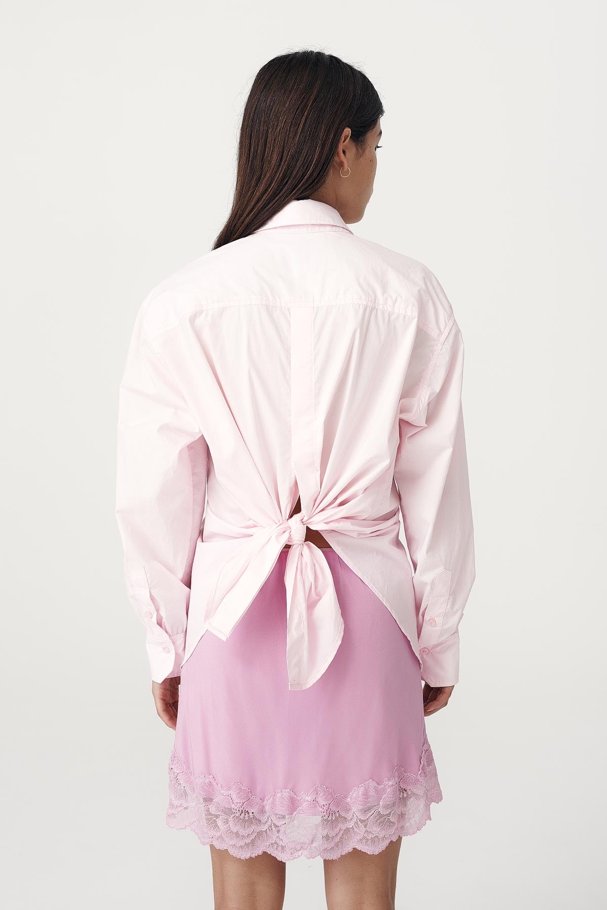 Rowie the label Ramona tie back shirt in powder pink studio shot back 