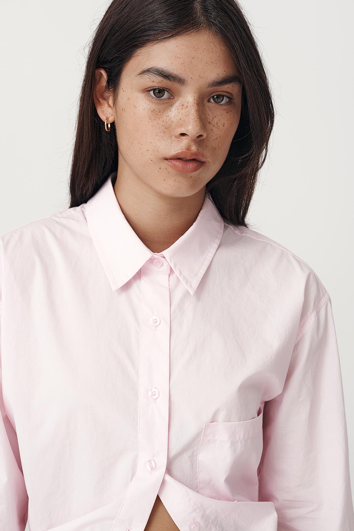 Rowie the label Ramona tie back shirt in powder pink studio shot close up