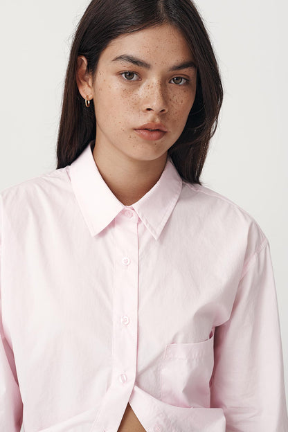Rowie the label Ramona tie back shirt in powder pink studio shot close up