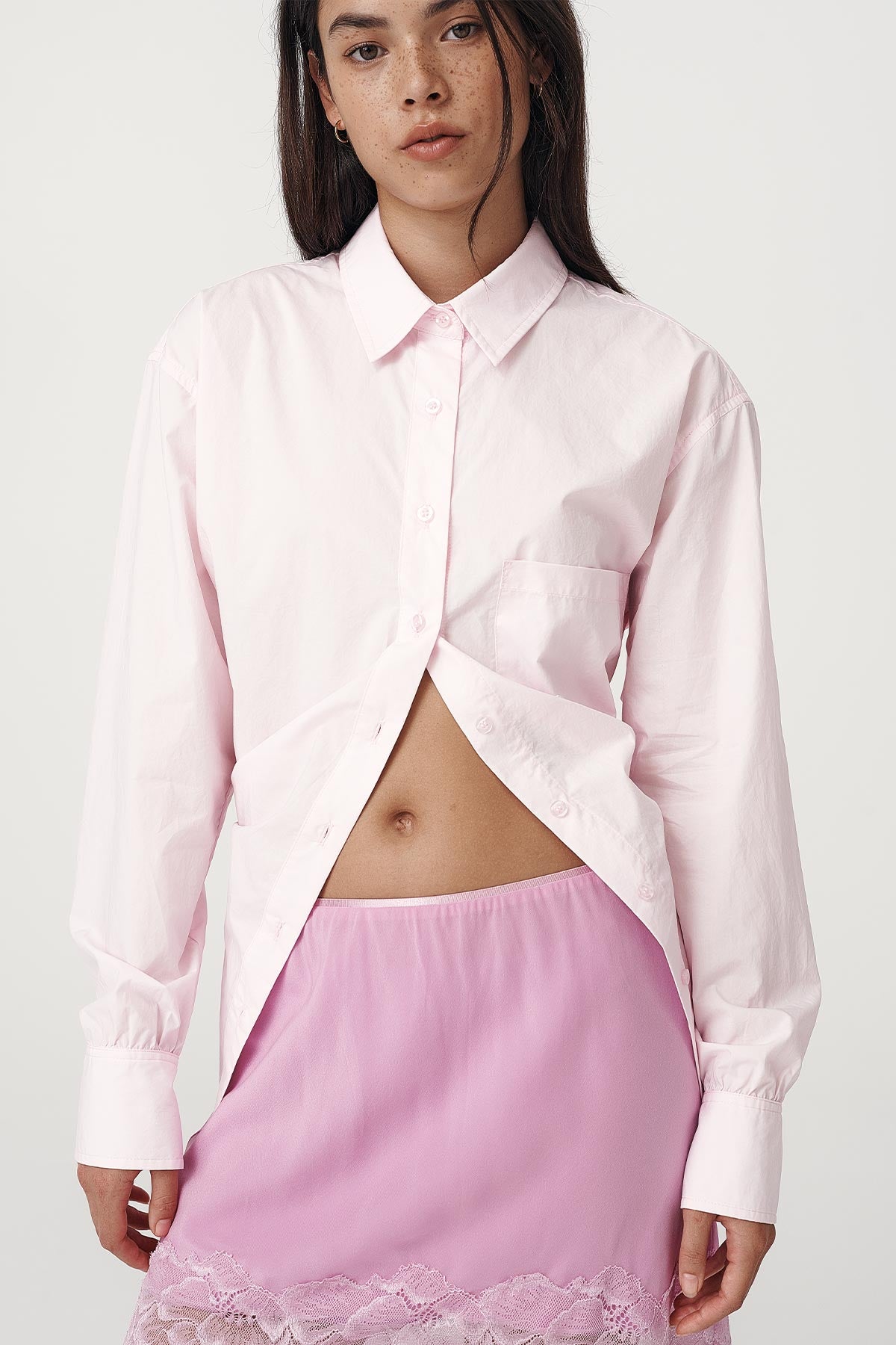 Rowie the label Ramona tie back shirt in powder pink studio shot 2