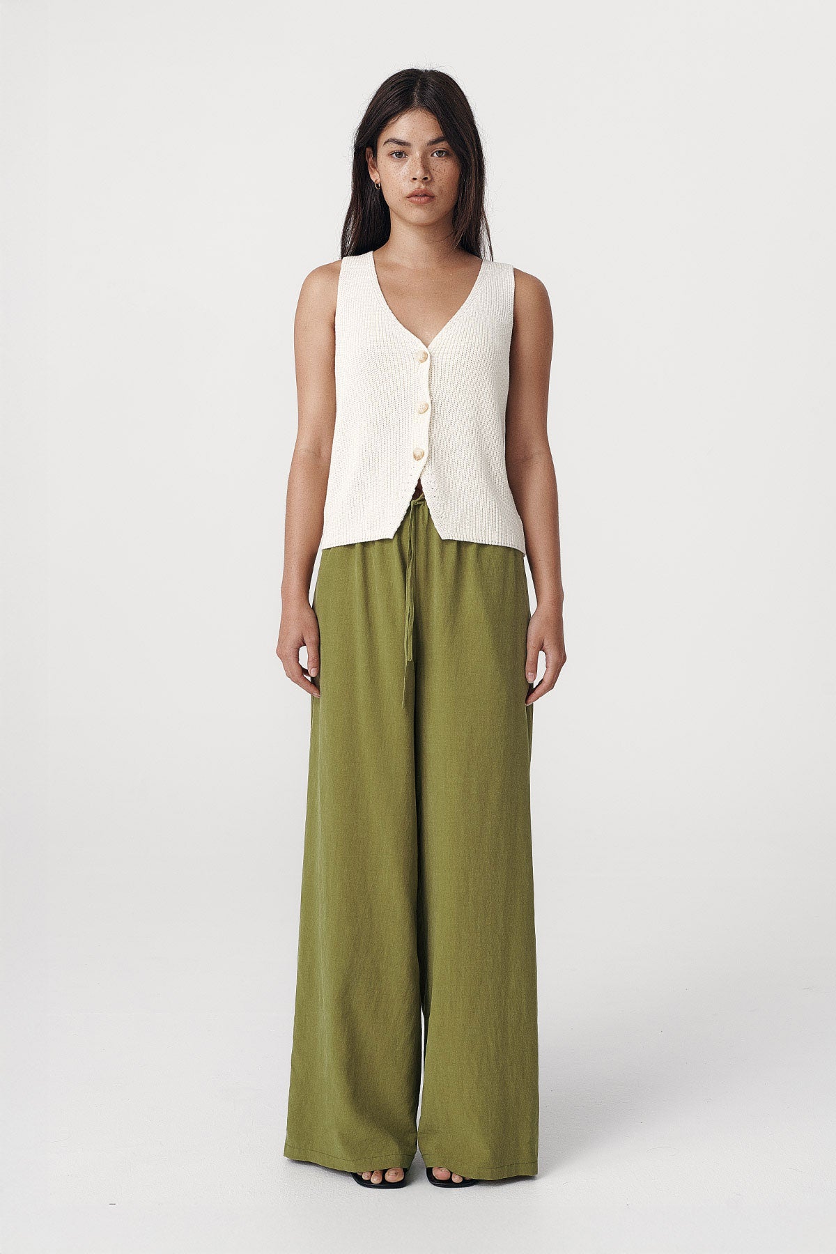 Rowie the label Tia palazzo pants in palm green studio shot 2