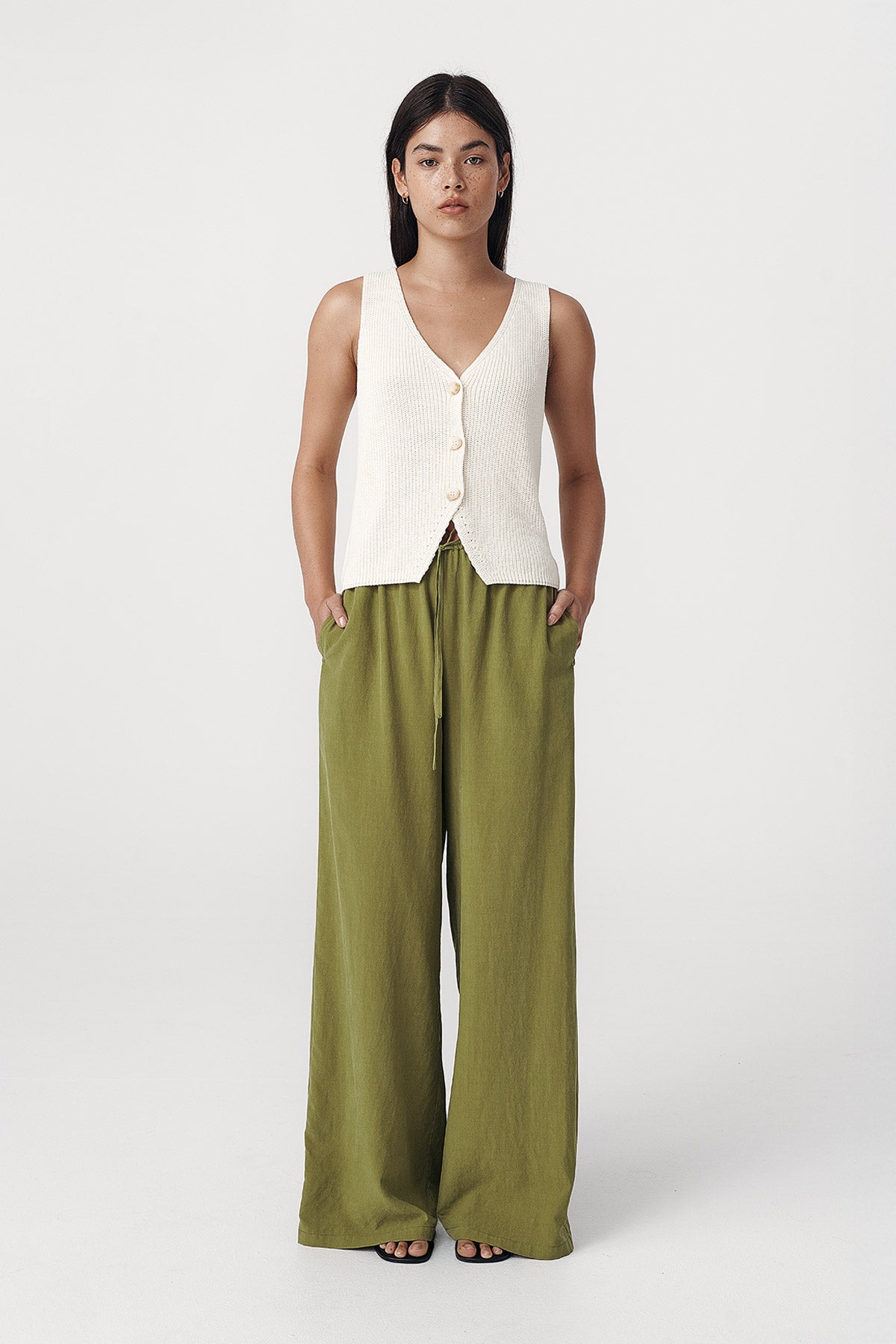 Rowie the label Tia palazzo pants in palm green studio shot 1