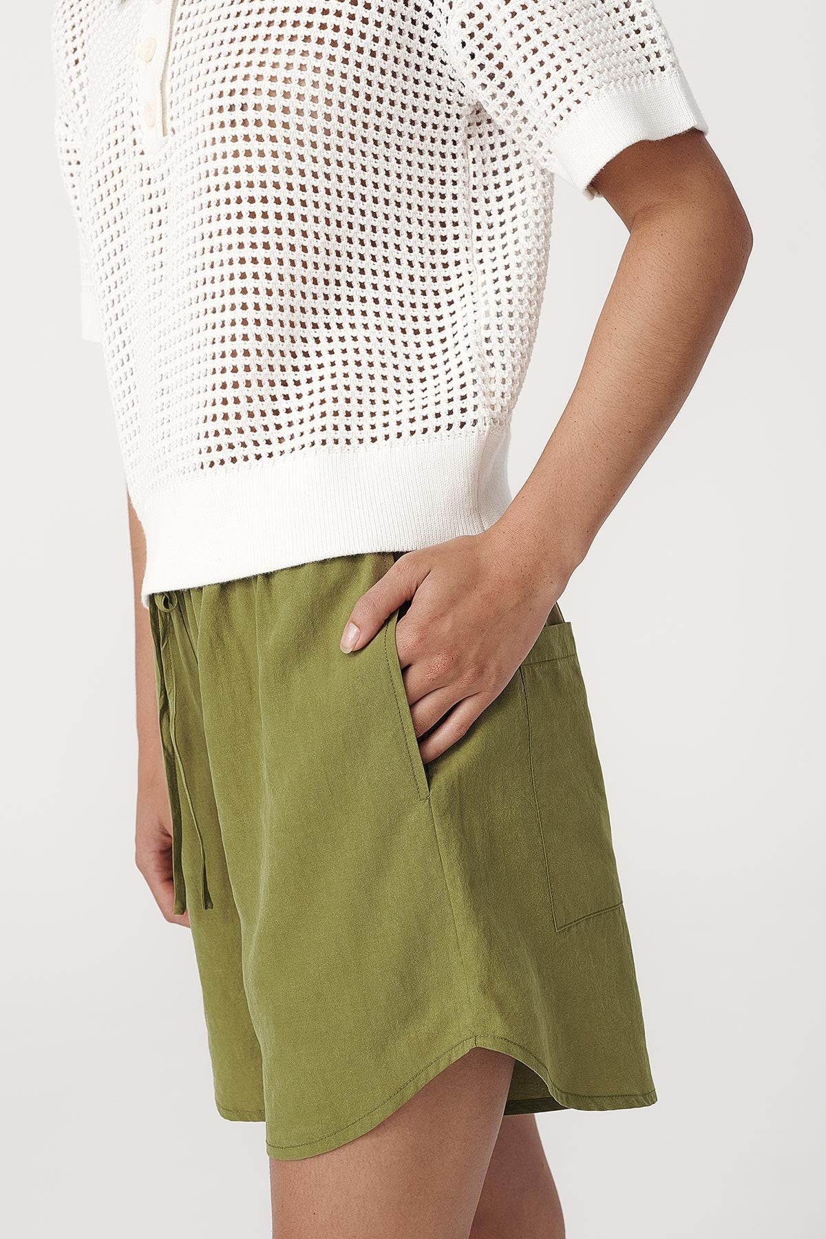 Rowie the label Tia shorts in palm green studio shot close up side on