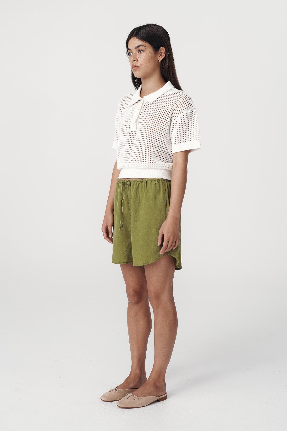 Rowie the label Tia shorts in palm green studio shot side on 