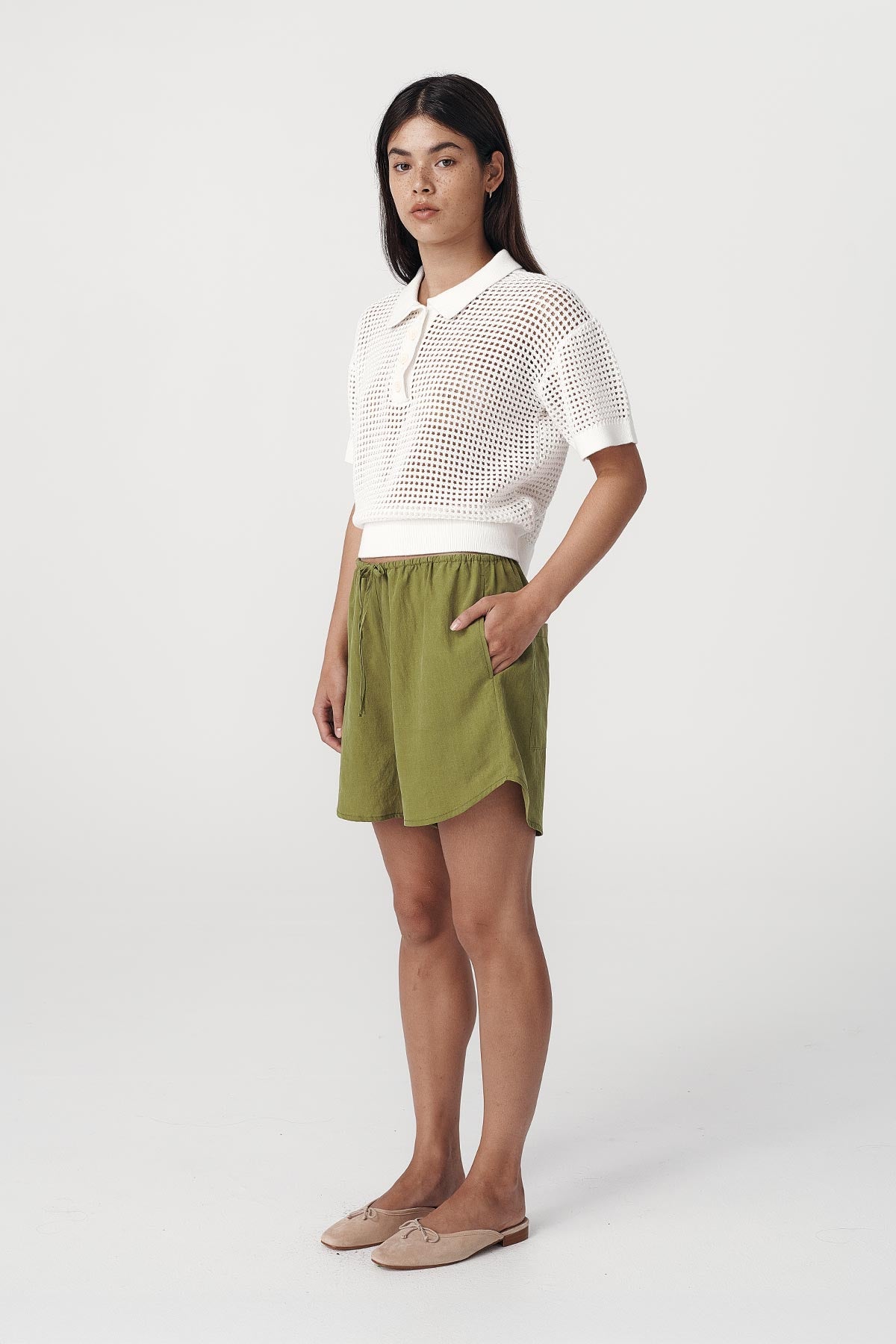 Rowie the label Tia shorts in palm green studio shot 3