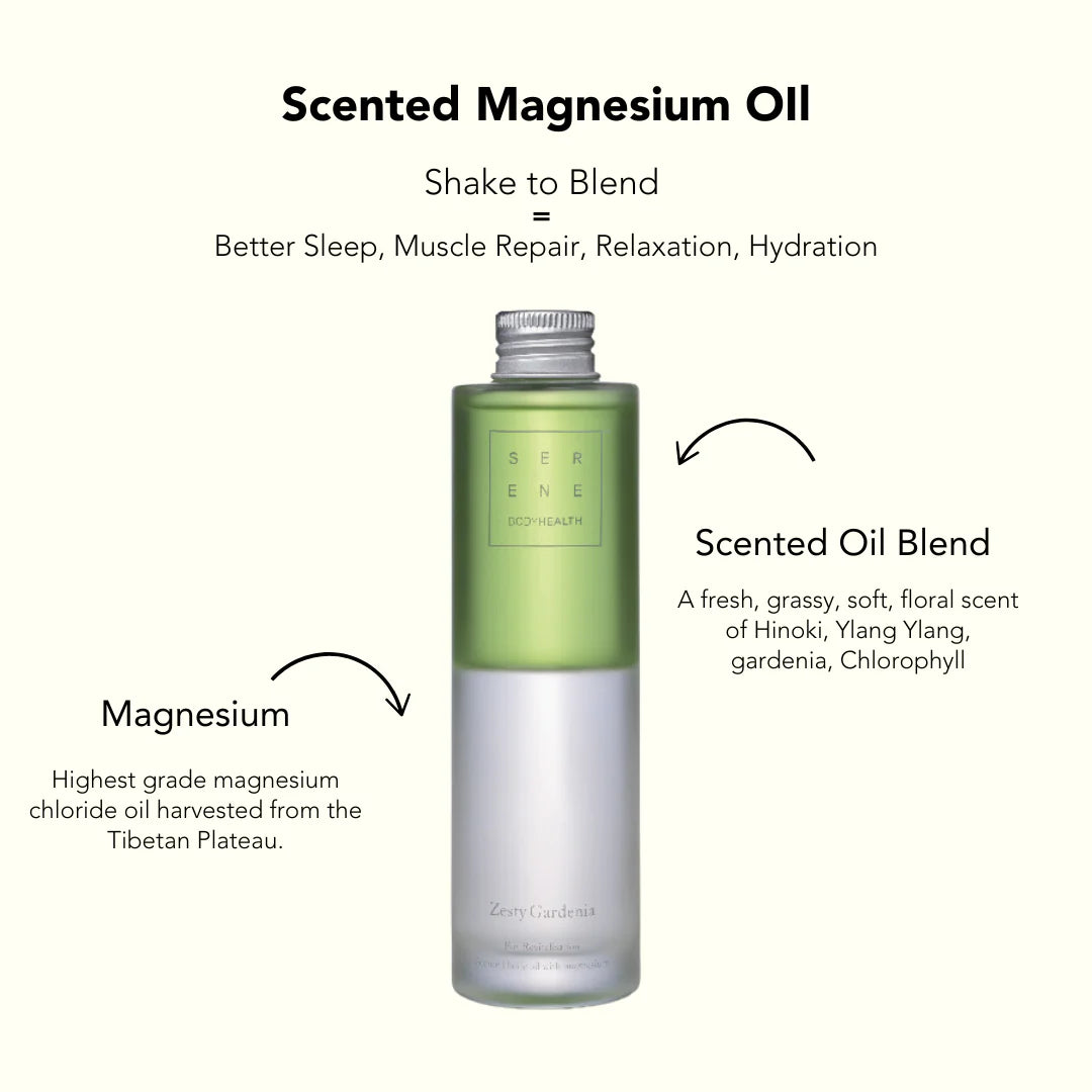 Serene zesty gardenia magnesium body oil product shot